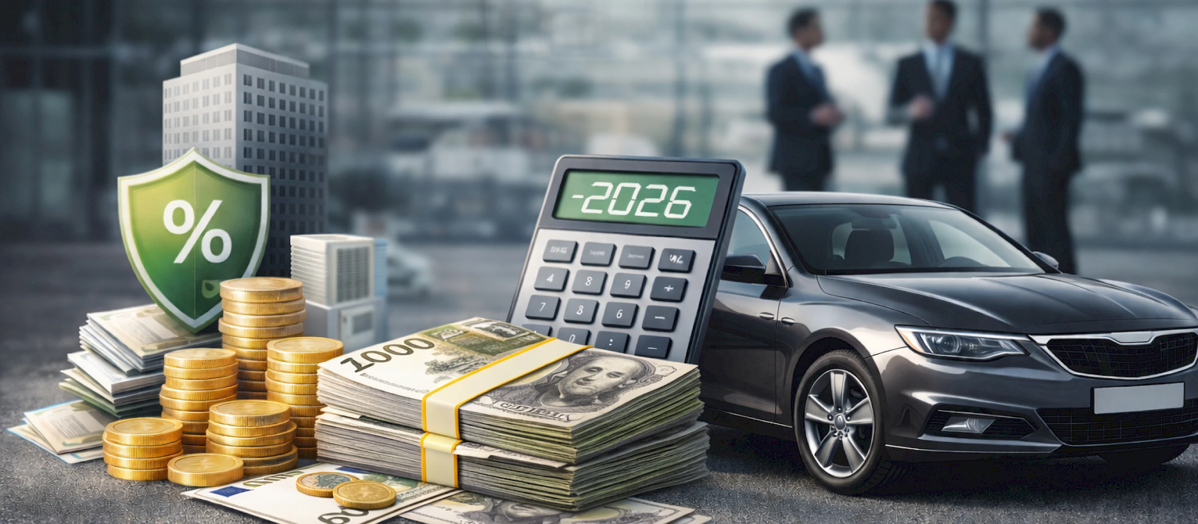 Számológép és pénz egy autó mellett